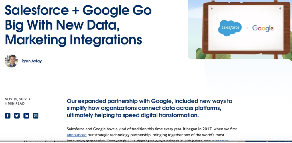 Slide with title: Salesforce and Google Go Big with New Data, Marketing Integrations