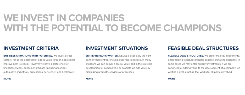 screenshot of text from the Dediq website, with headline "We invest in companies with the potential to become champions"
