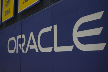 Oracle logo on a sports arena wall