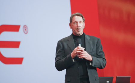 Oracle chairman Larry Ellison speaks onstage about ERP and industry clouds