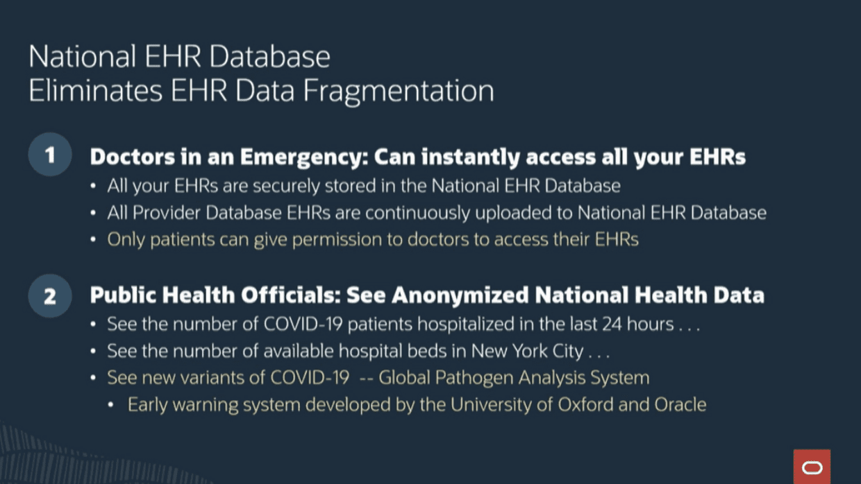 Slide describes upcoming Oracle healthcare plans for a national EHR database that eliminates EHR fragmentation.