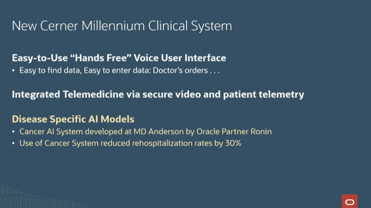 Slide describes the Cerner and Oracle healthcare new model for physician-patient interaction.