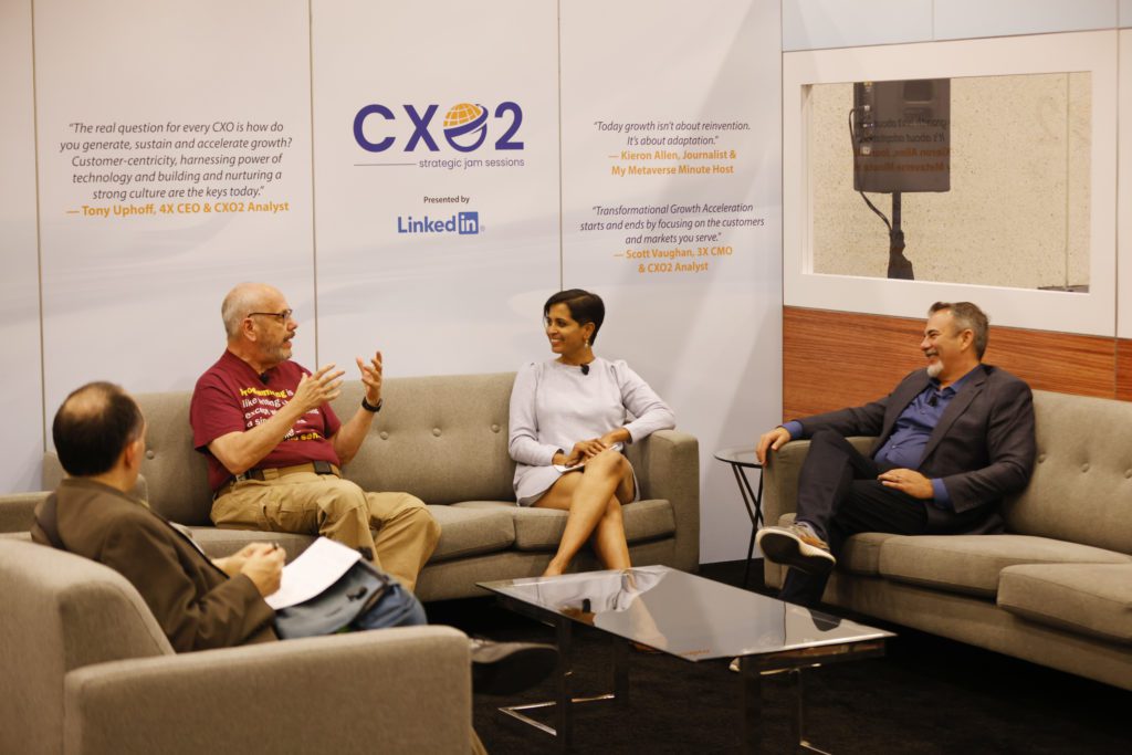 Wayne Sadin and Kenny Mullican at the LinkedIn CXO2 Lounge at Cloud Wars Expo at Moscone West Convention Center in San Francisco, California, on Wednesday, June 29, 2022. (Photo by Don Feria)