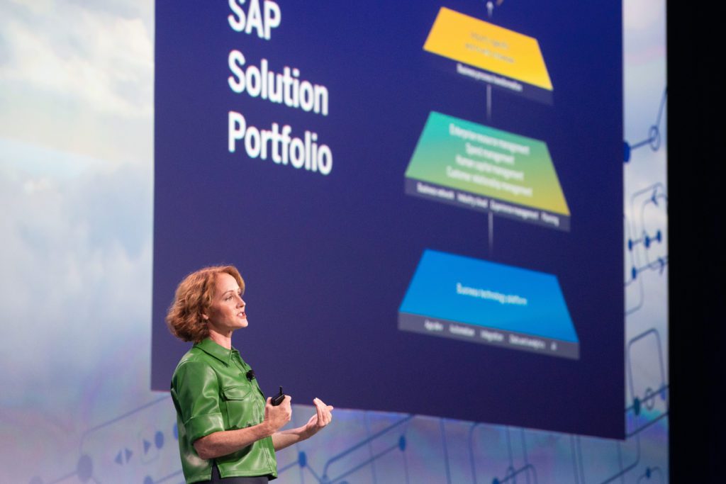 SAP Chief Marketing and Solutions Officer Julia White cited the example of vaccine manufacturer Moderna as a major cloud ERP success during Cloud Wars Expo at Moscone West Convention Center in San Francisco, California, on Tuesday, June 28, 2022. (Photo by Don Feria)
