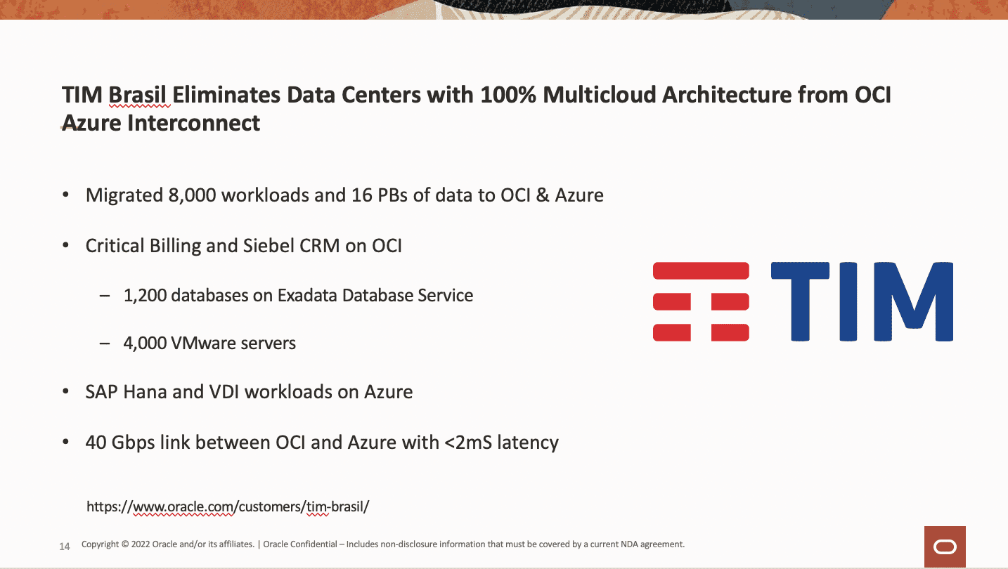 Oracle Database Service for Azure chart from TIM Brasil showing how Oracle Microsoft are blending cloud assets with multicloud architecture