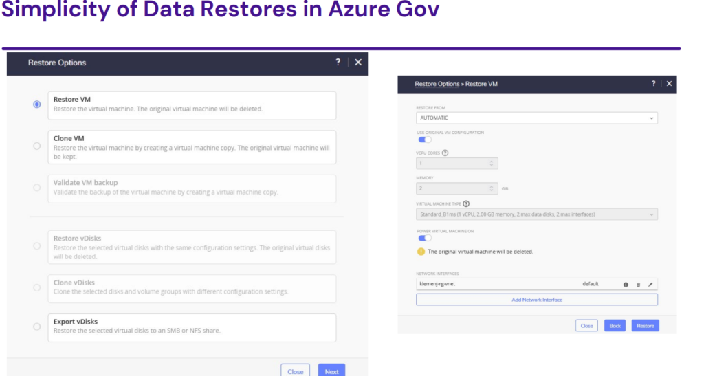 HYCU Protege Azure Gov data restore interface