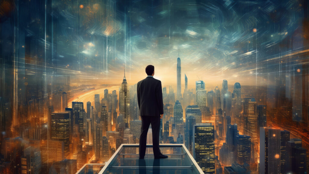 Illustration of a man standing on a platform overlooking a large city
